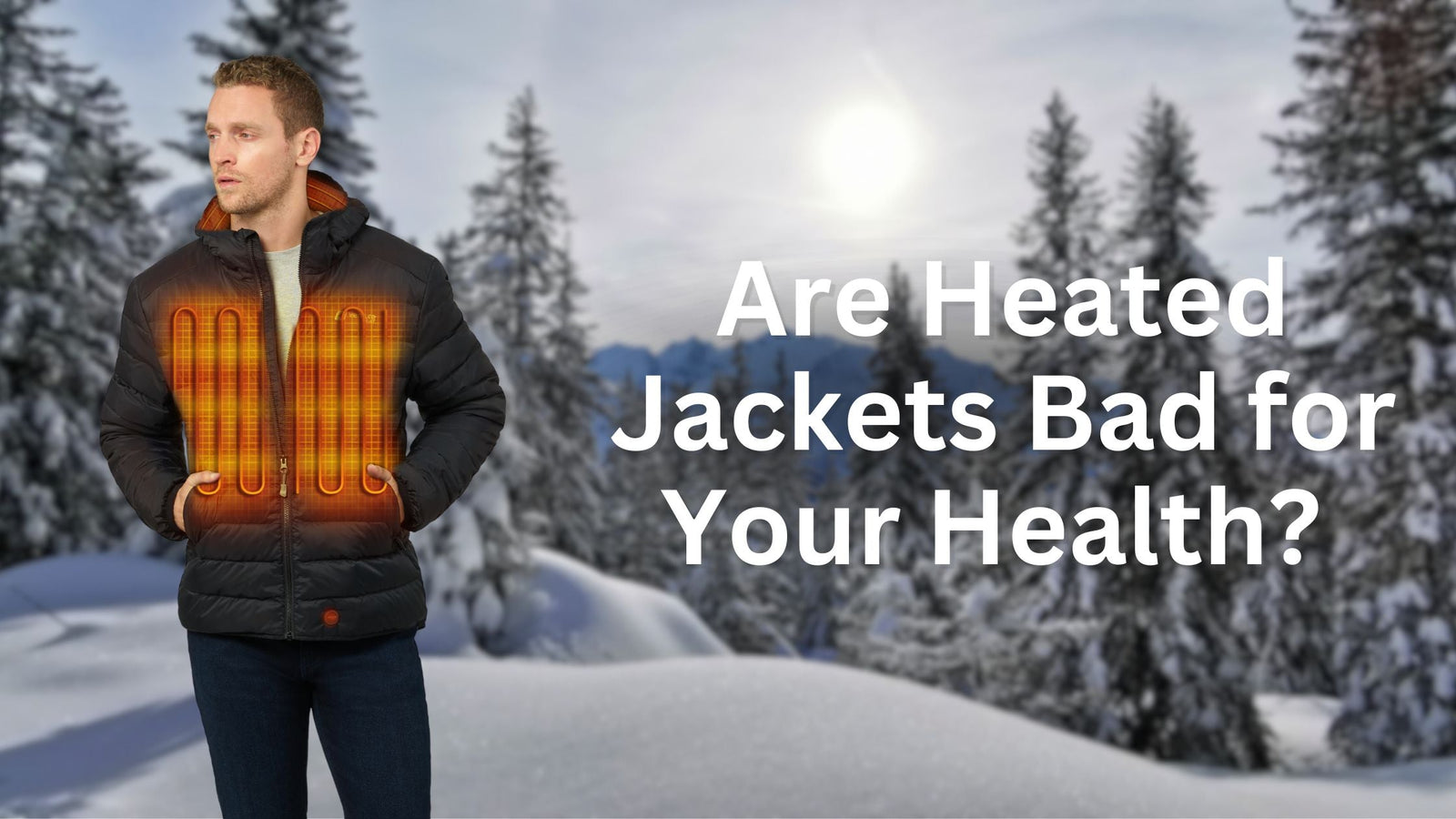 Model wearing a heated jacket in the snow