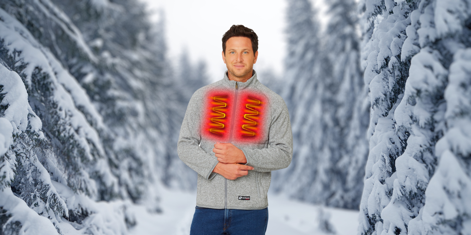 A man wearing a heated jacket in the snow