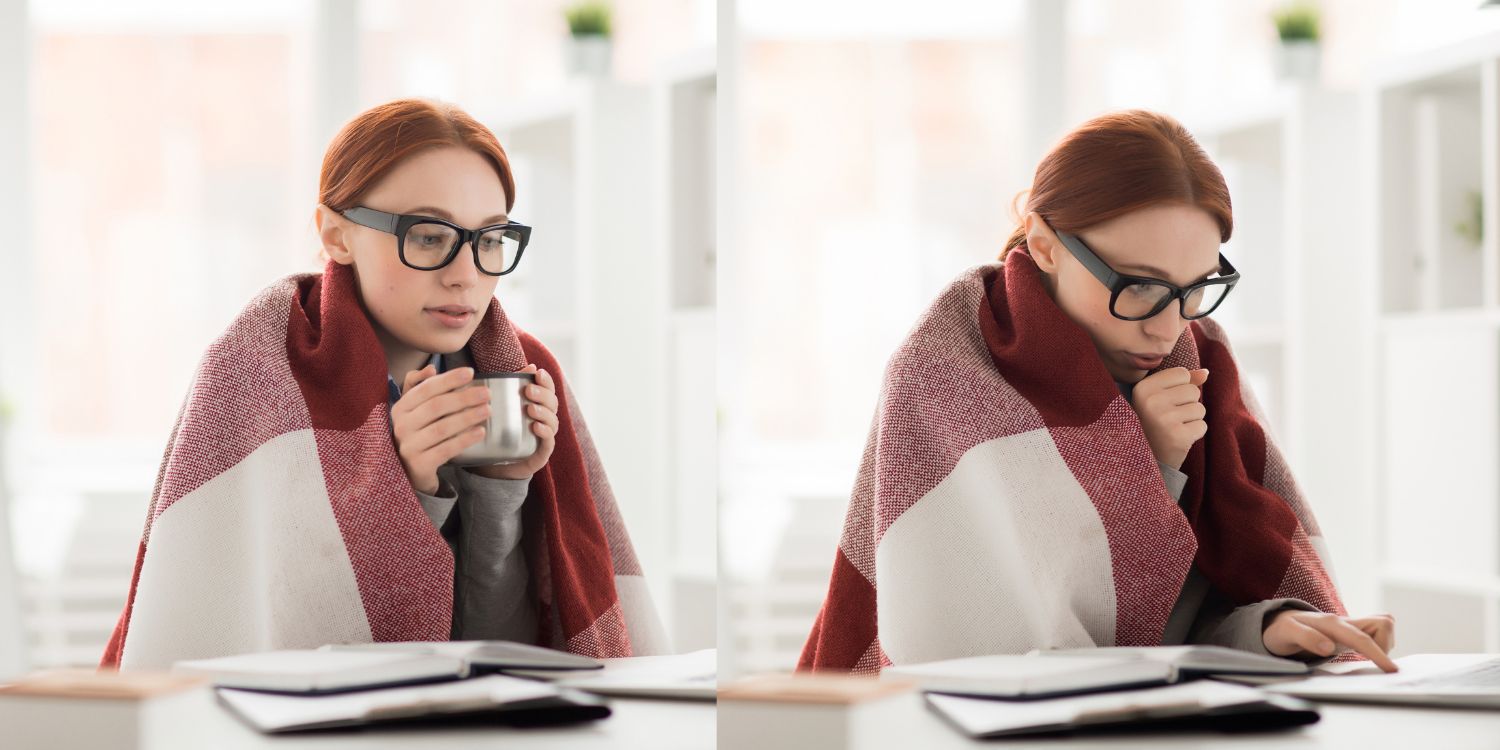 A woman using a blanket in the office