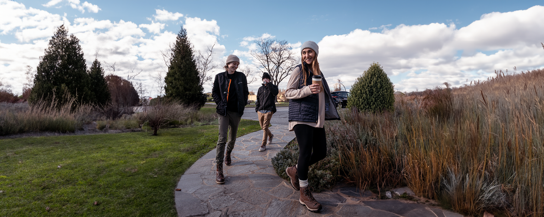 friends wearing heated jackets in park